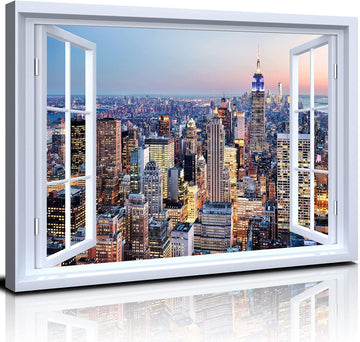 New York City Wall Art Sunset NYC Skyline Canvas Wall Decor | Window View Manhattan Landscape Prints Pictures