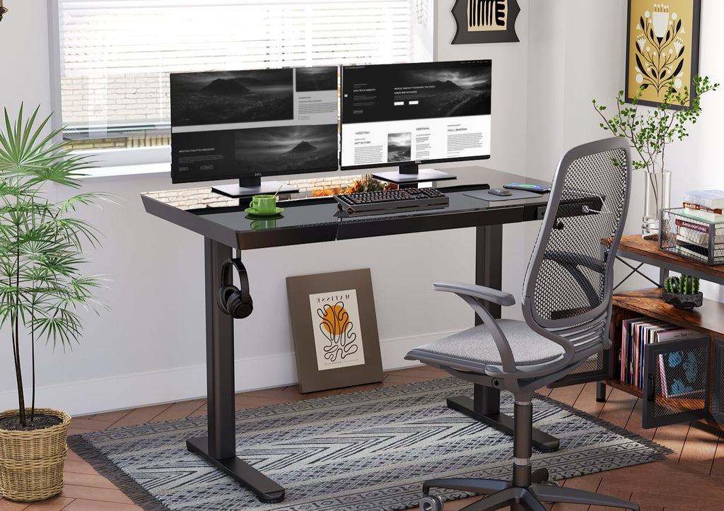 Glass Standing Desk with Drawers, 40 x 24 Inch Electric Stand Up Desk with USB Ports, Adjustable Height, Black