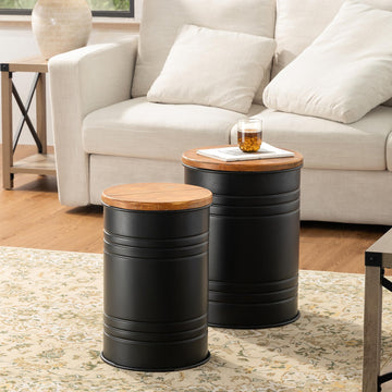 Rustic End Table Set of 2, Farmhouse Galvanized Metal Barrel Ottoman Storage Stool with Round Wood Lid Furniture
