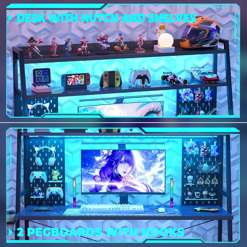 Gaming Desk with Hutch and LED Lights, Gaming Computer Desk with Power Outlets, Gamer Desk with Storage Shelves, PC