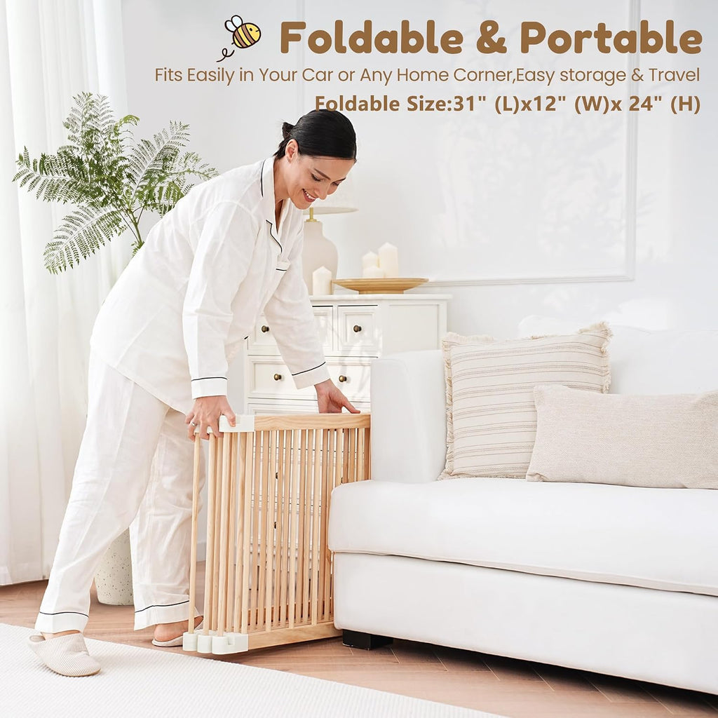 Wooden Baby Playpen Foldable Play Yard with Gate 86"x58" Natural Wood | Foldable wooden playpen, dual-lock gate