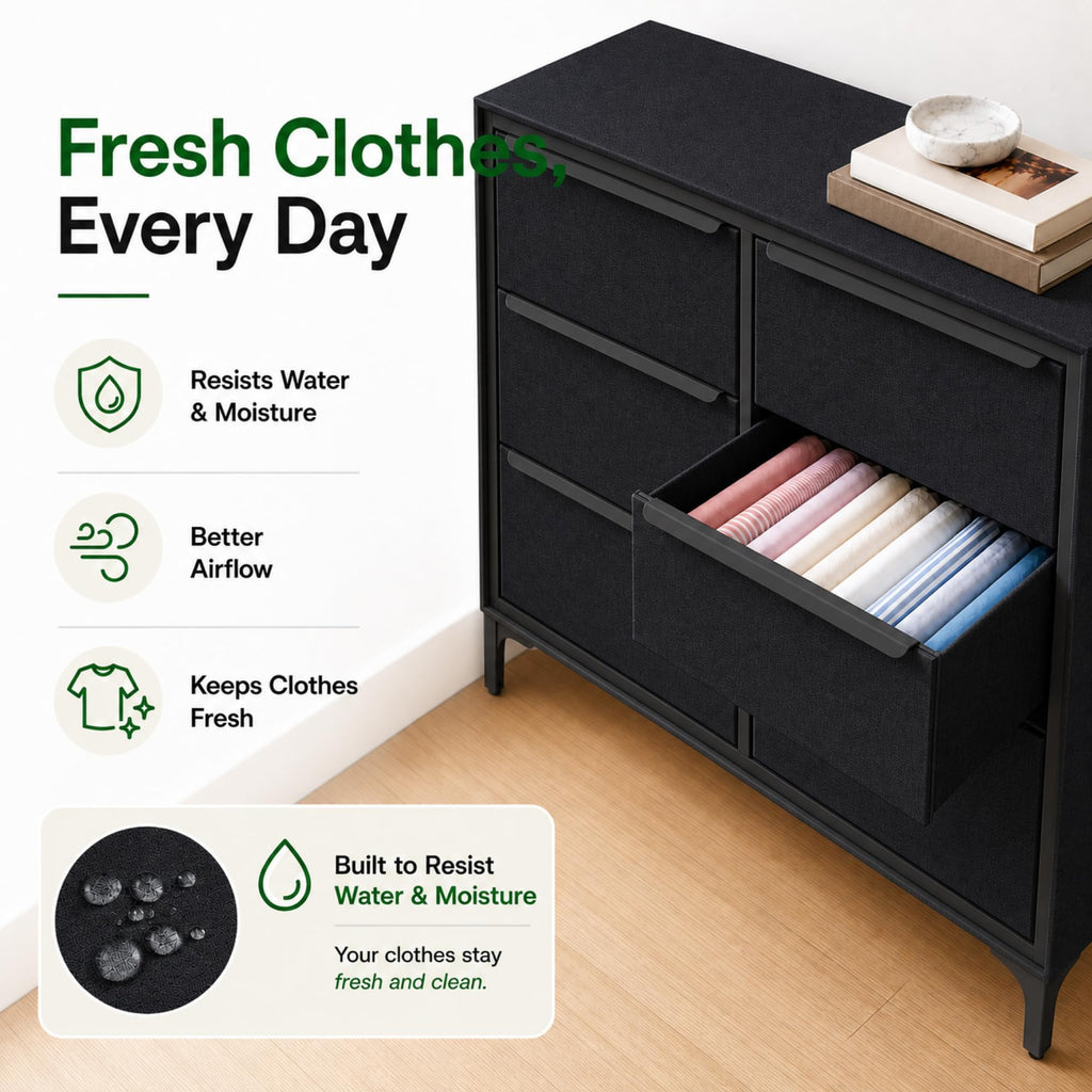 Naima 6-Drawer Premium Fabric Dresser, Waterproof, Black