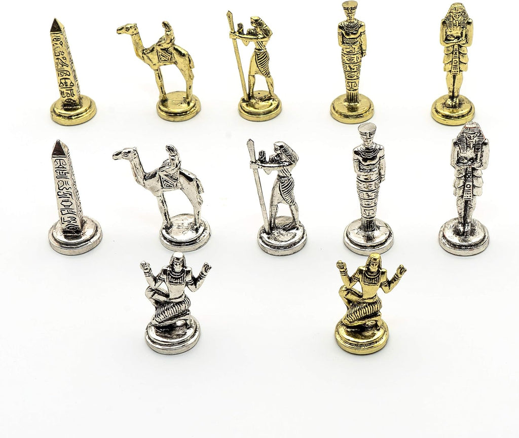 Handmade Egyptian Metal Chess Set in Wooden Box