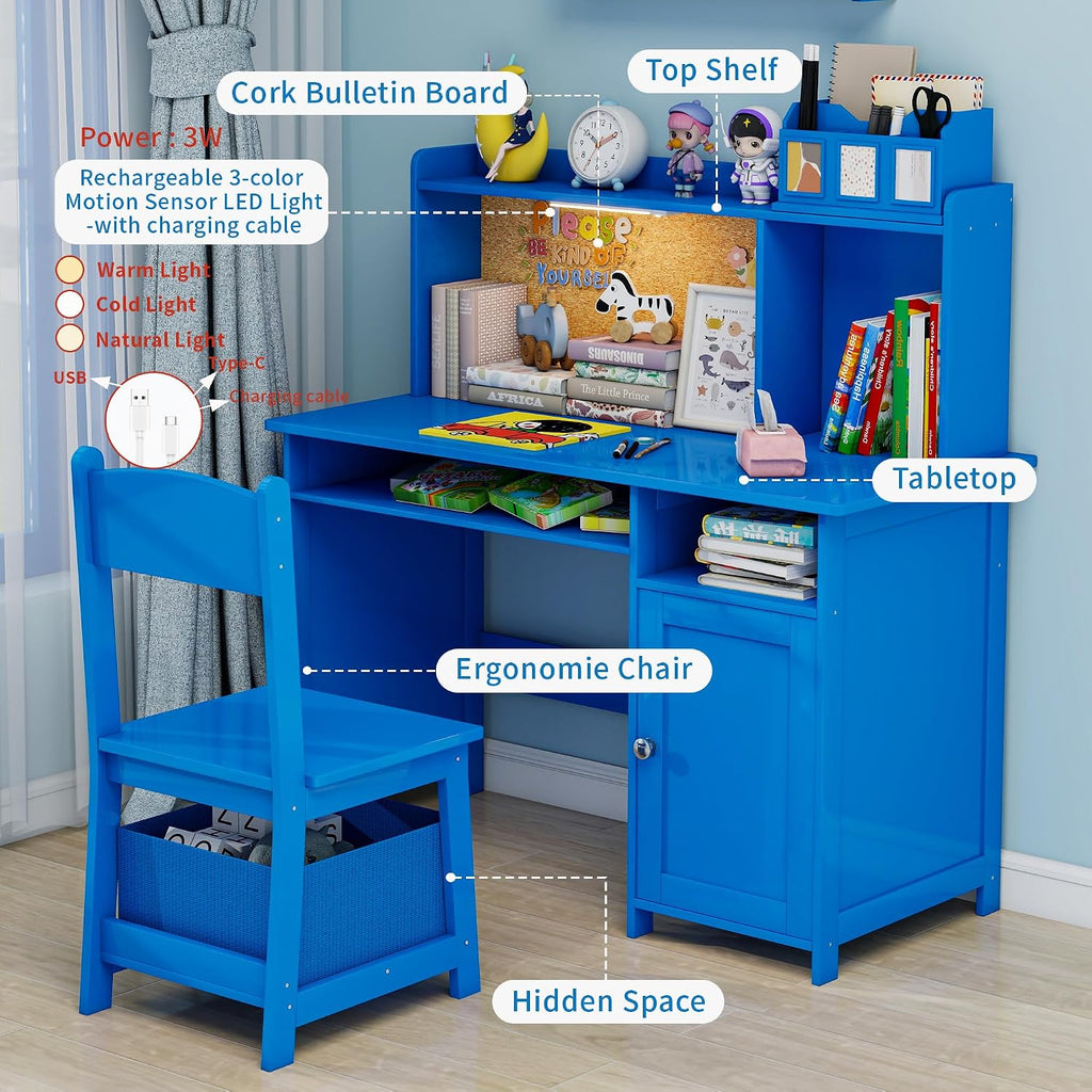 Kids Desk and Chair Set with Cork Board & Removable LED Light, Blue