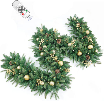 9FT Pre-Lit Artificial Christmas Garland with Dual Color LED Lights and Timer by Remote Control and Batteries