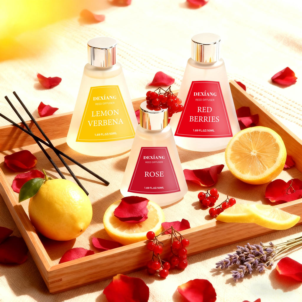 Reed Diffuser Set of 3 Packs, Lemon Verbena/Rose/red Berry Oil Diffuser Reed Diffuser for Decor 1.7 Fl.oz, Total 5.1Oz