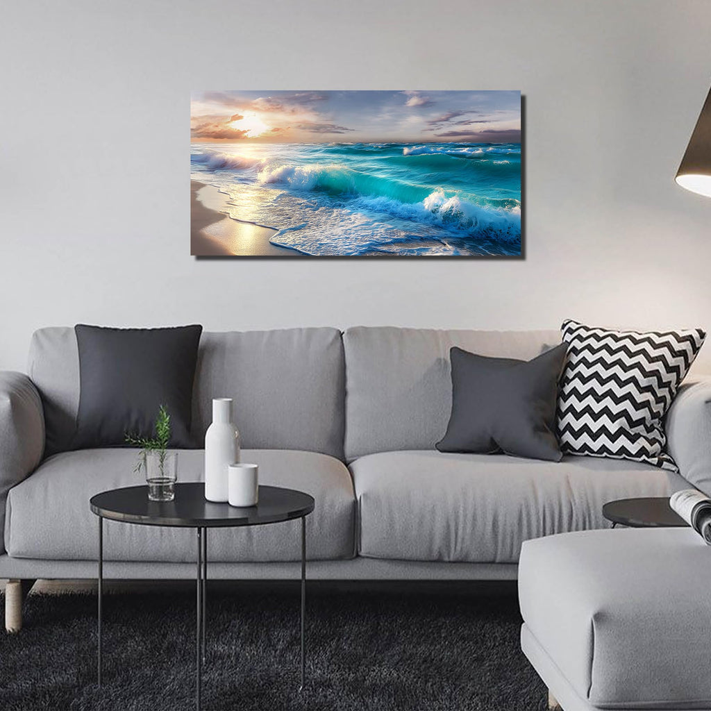 Ocean Wall Art, Blue Wave and Large Coastal Beach Canvas Wall-Decor, Gold Sun Scenery Pictures Office, Size 40x20