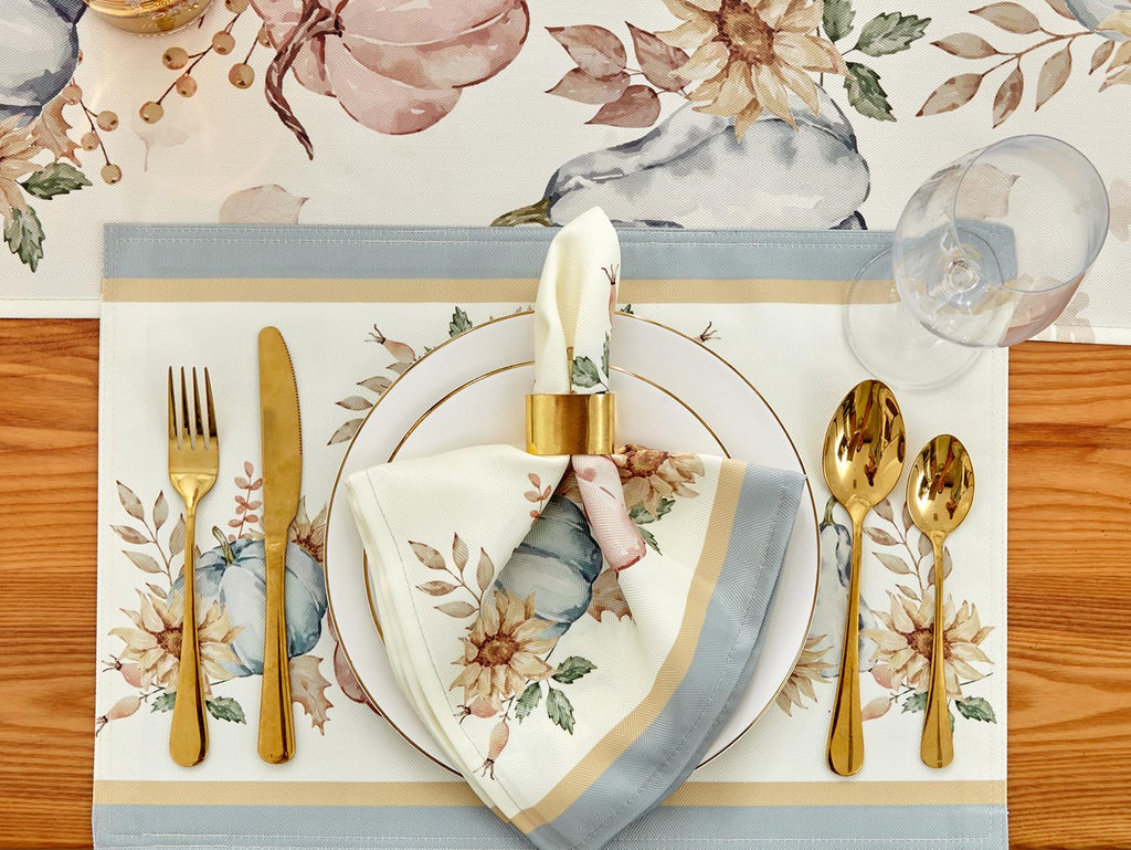 Blue Pumpkin Bordered Thanksgiving Tabletop, Stonewashed Fall Pumpkin and Sunflower Cottage Print Easy Care Fabric