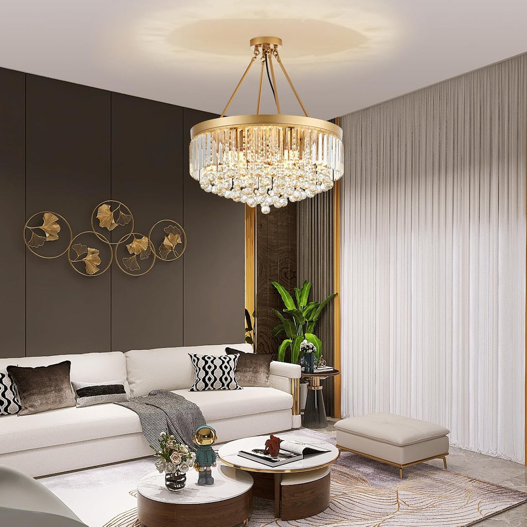 9-Light Gold Crystal Chandelier Contemporary 22'' Modern Semi Flush Mount Crystal Hanging Light Sparkling Decoration