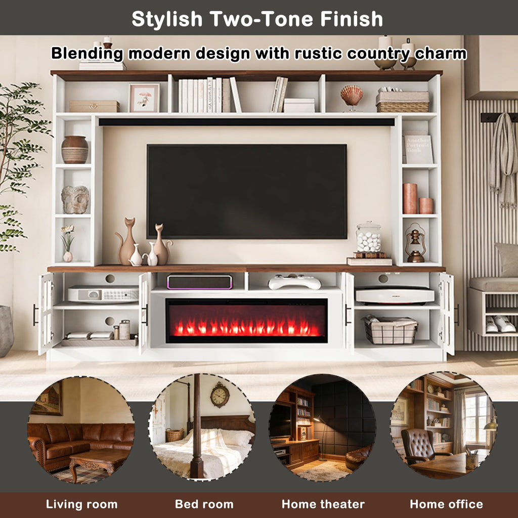 White Farmhouse TV Stand with Fireplace, Large Entertainment Center with Bookshelves, Glass Doors & Adjustable