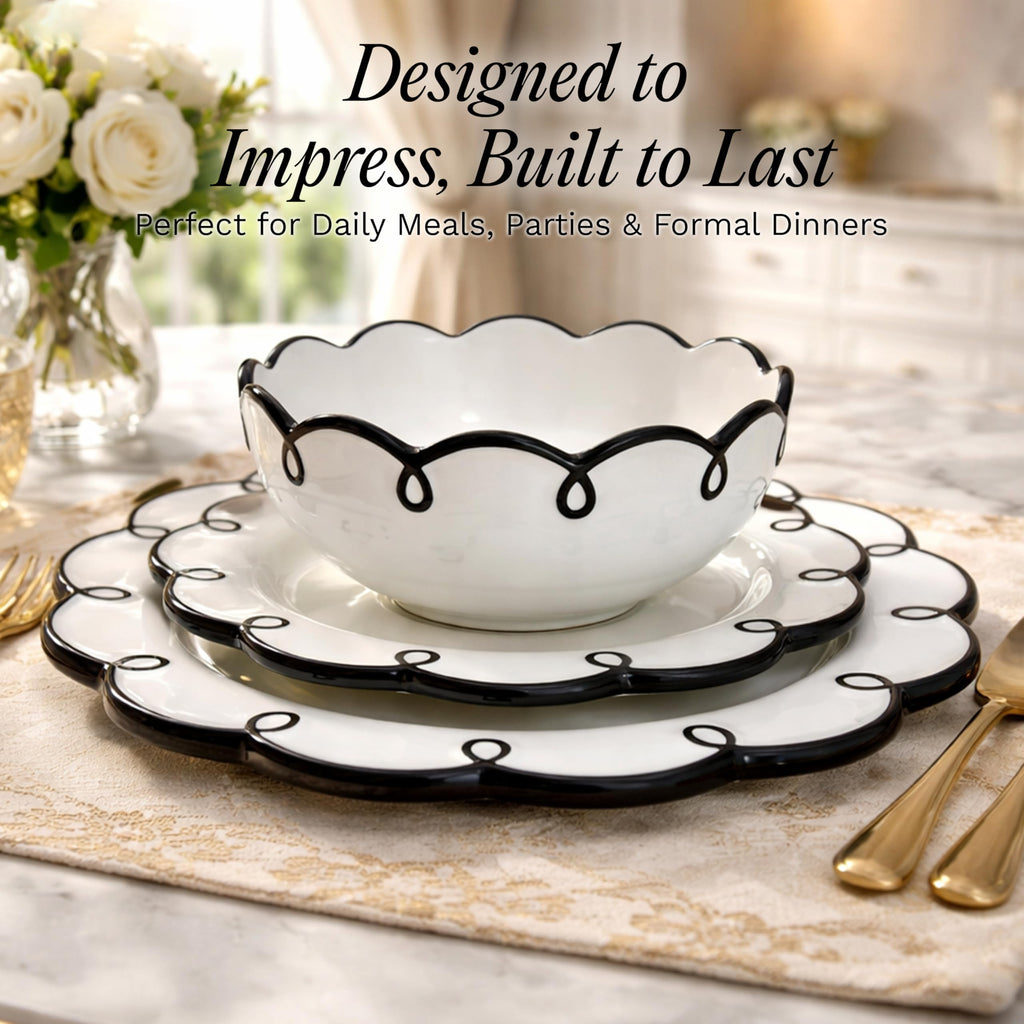 12-Piece Stoneware Dinnerware Set for 4, Glossy White Plates and Bowls Sets with Black Scalloped Rims, Premium Dish
