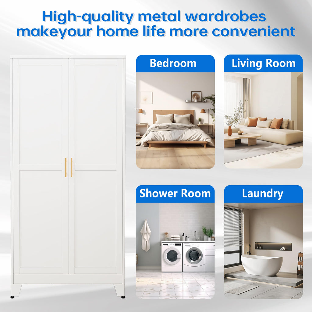 71" Metal Armoire Wardrobe Closet, Bedroom Clothing Storage Cabinet with Hanging Rod, Freestanding White Armoire