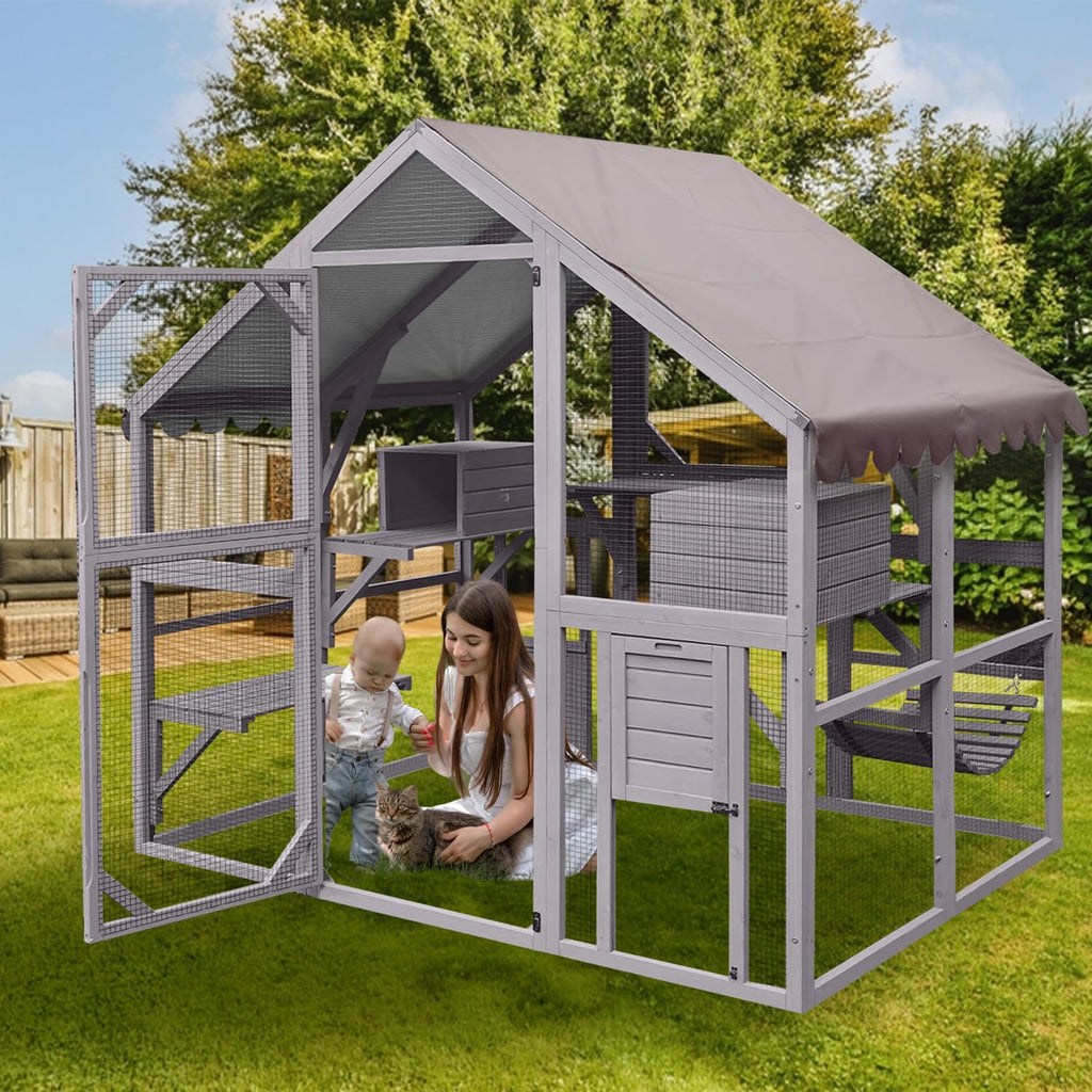 Large Cat House Catio Outdoor Cat Enclosure, 28ft2 Weatherproof Wooden Kitty Condo with Run, Extra Large Cattery