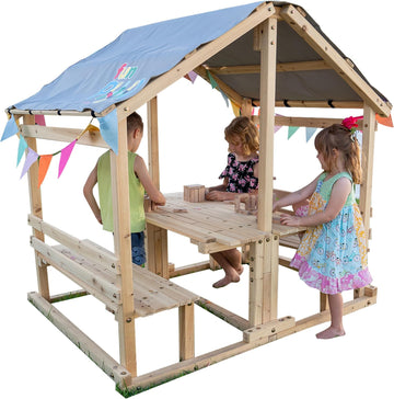 Playhouse - Kids Klubhouse Wooden Playhouse with Table & Benches - Multifunctional Toy for Fun Play & Learning