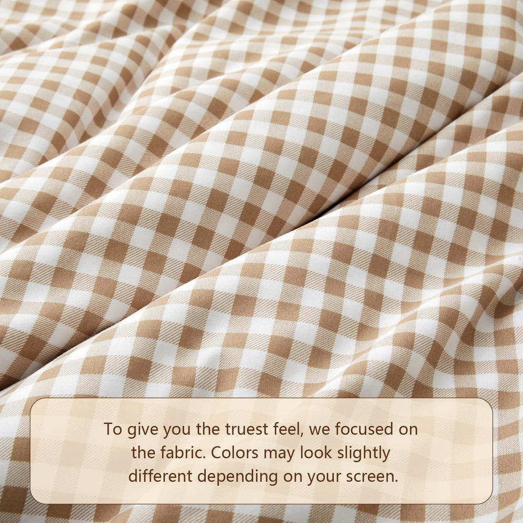 Gingham Ruffle Sheet Set, Taupe Microfiber Plaid Bed Sheets