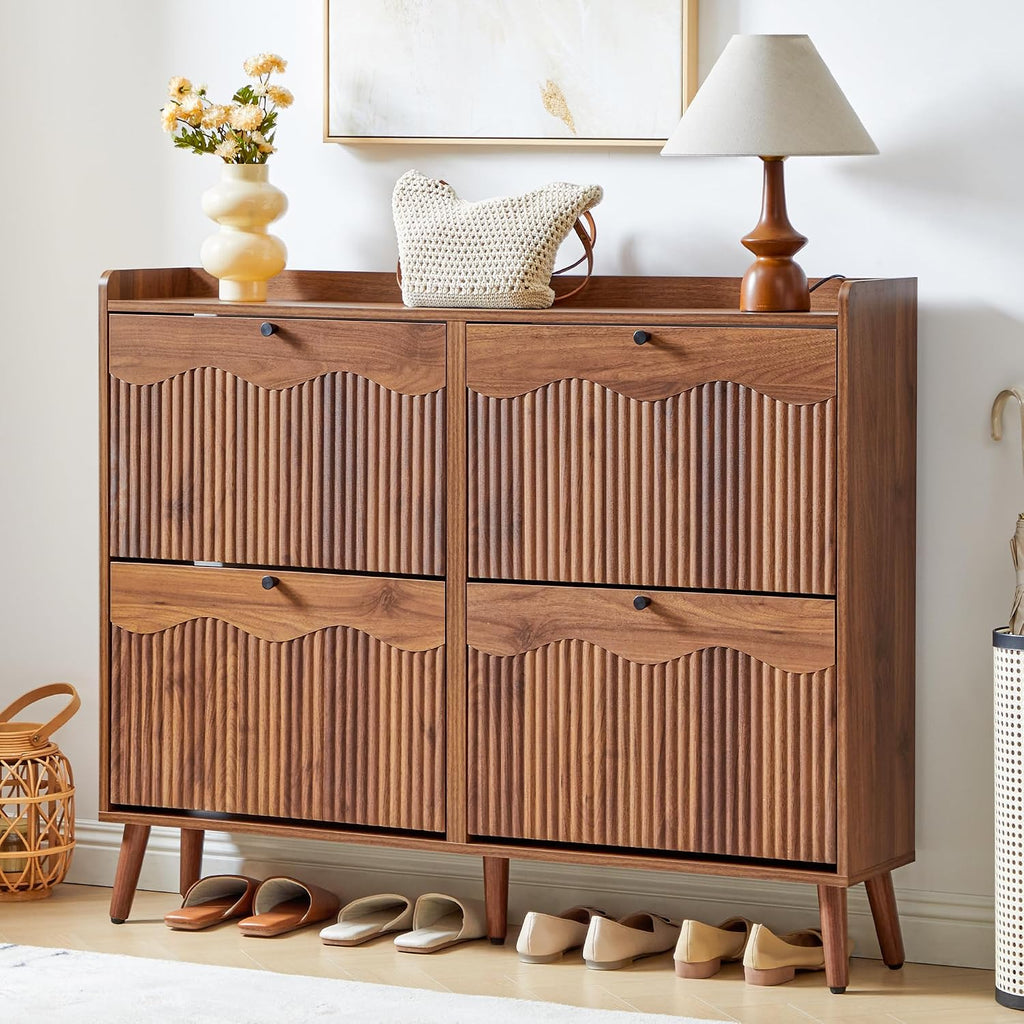 47.2" Shoe Storage Cabinet with 4 Flip Drawers, Narrow Shoe Organizer with Wave&Fluted Panel, Freestanding Wood