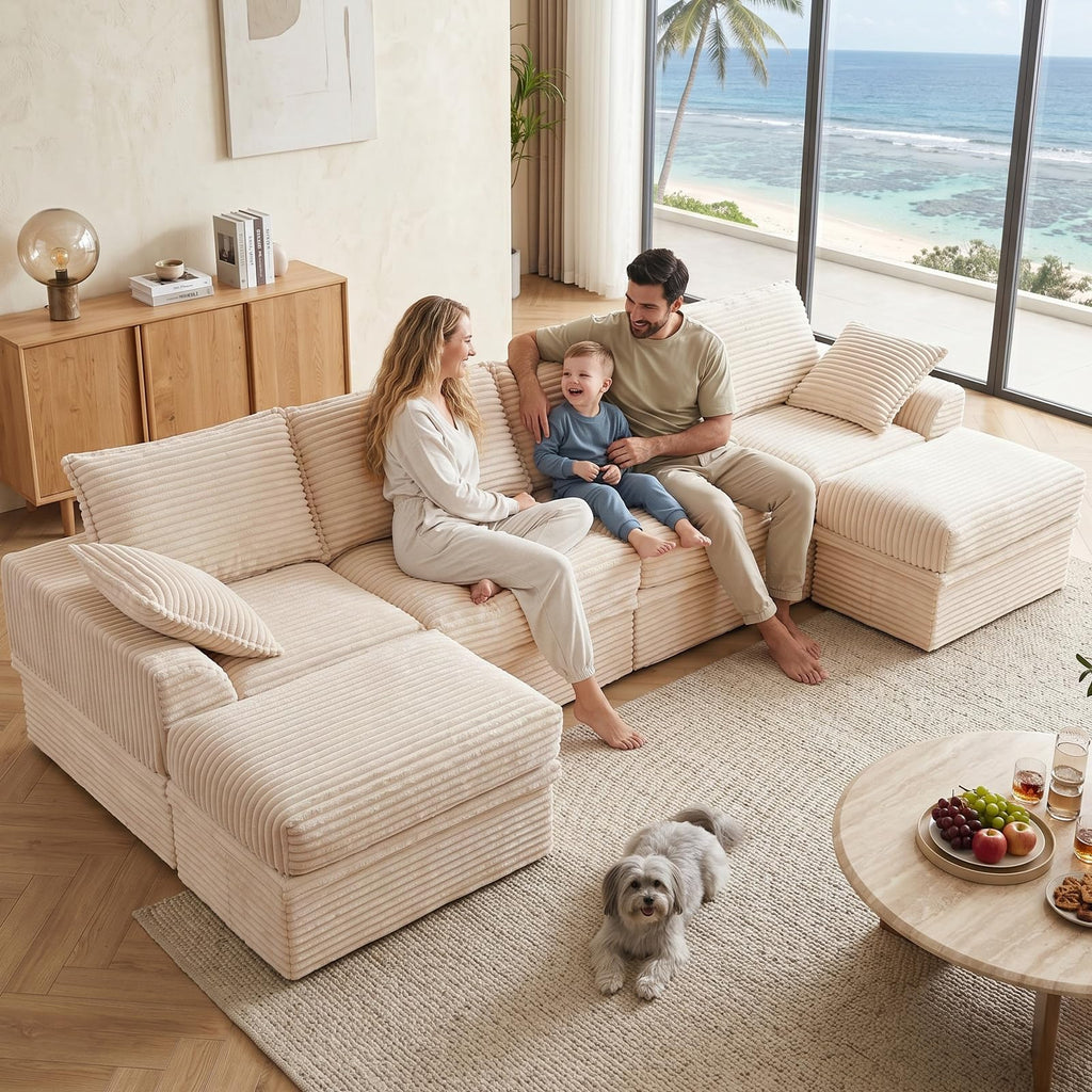 142" Upgraded Boneless Couch with Storage, Modular Sectional Couches, Oversized Deep Seat 6-Seat U Shaped Cloud Sofa