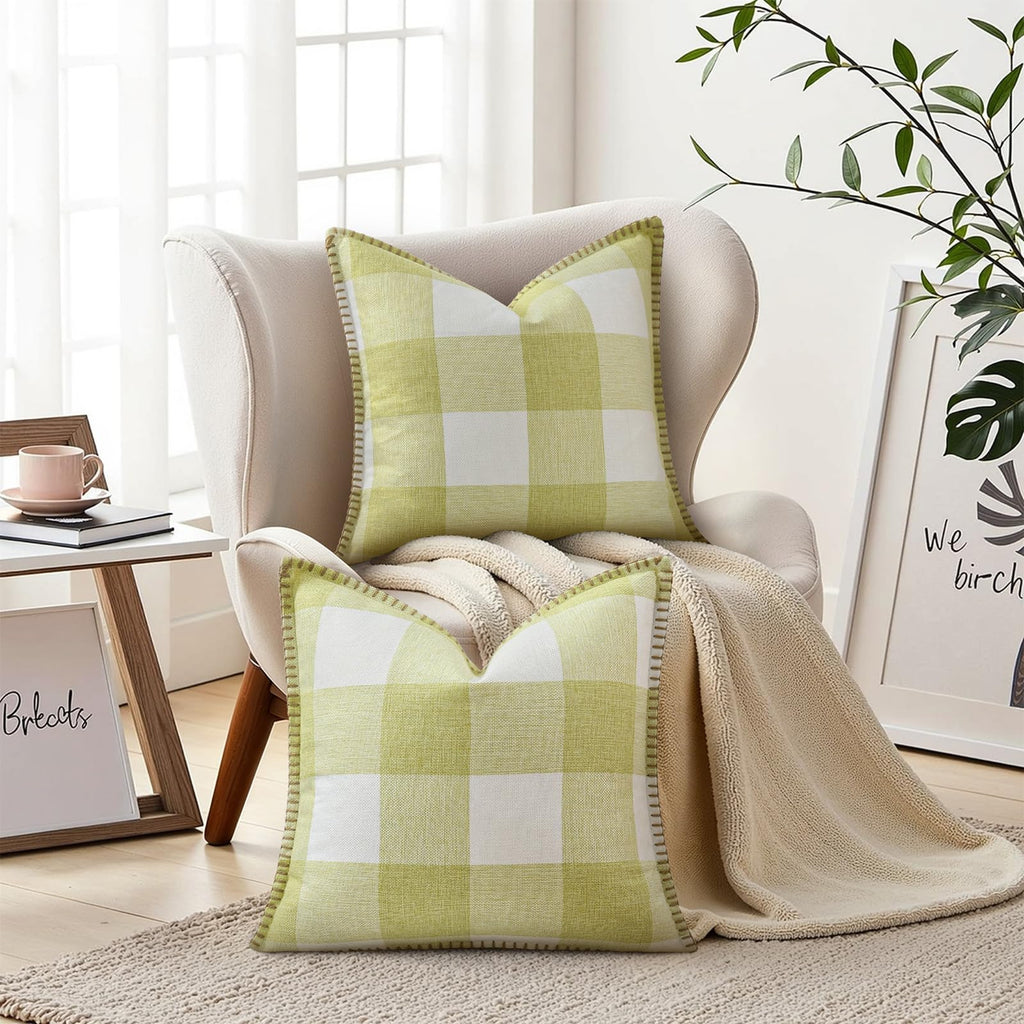 Fall Plaid Linen Throw Pillow Covers 18x18 Set of 2 Sage Green