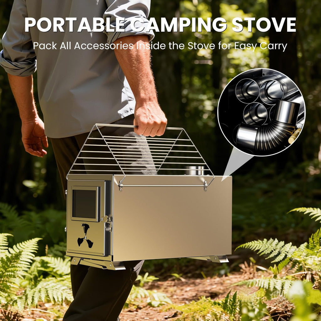 Wood Stove, Hot Tent Stove Camping Portable Stainless Steel Wood Burning Stove with 7 Chimney Pipes for Wall Tent
