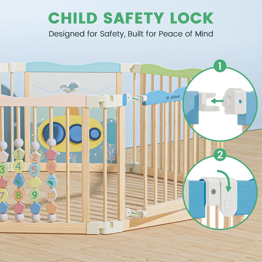 Foldable Wooden Playpen, 55 x 55 x 24 inches, Ocean Adventure, Colorful | Adjustable Wood Baby Play Yard with