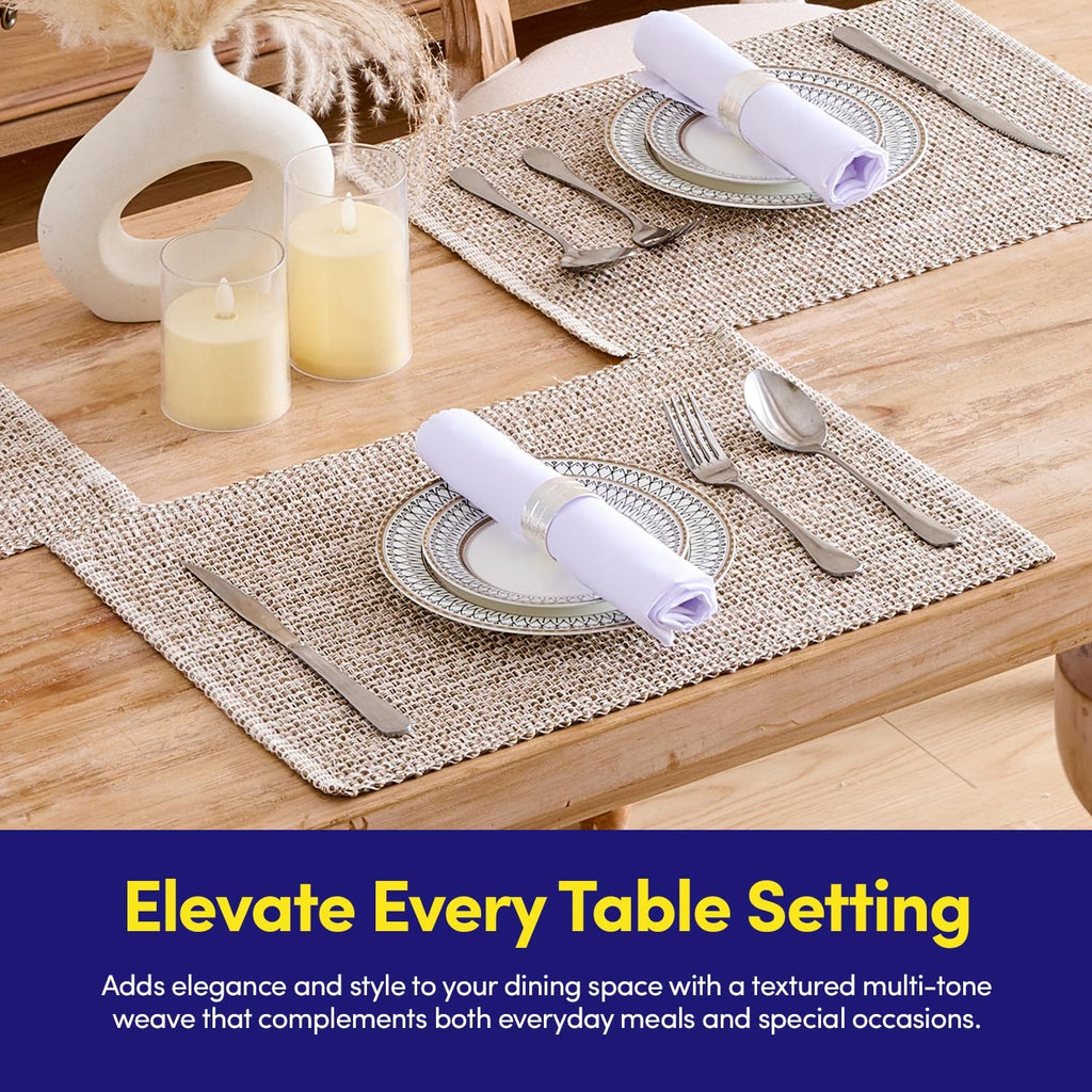 100% Cotton Placemats Rectangle Two Tone Woven Fabric 13" x 19" Soft Durable Table Mat Set, Eggshell - Set of 6