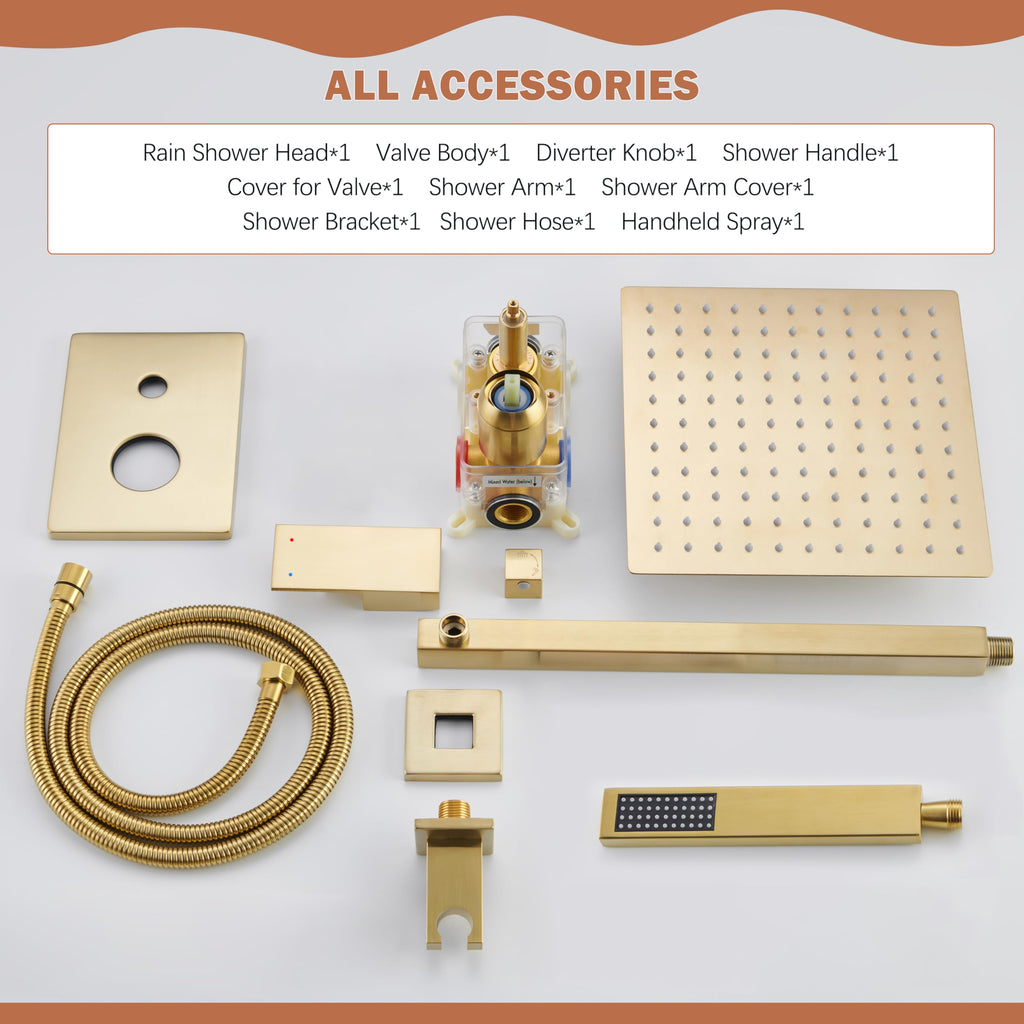 12" Rain Shower System with Handheld & Valve, Brushed Gold