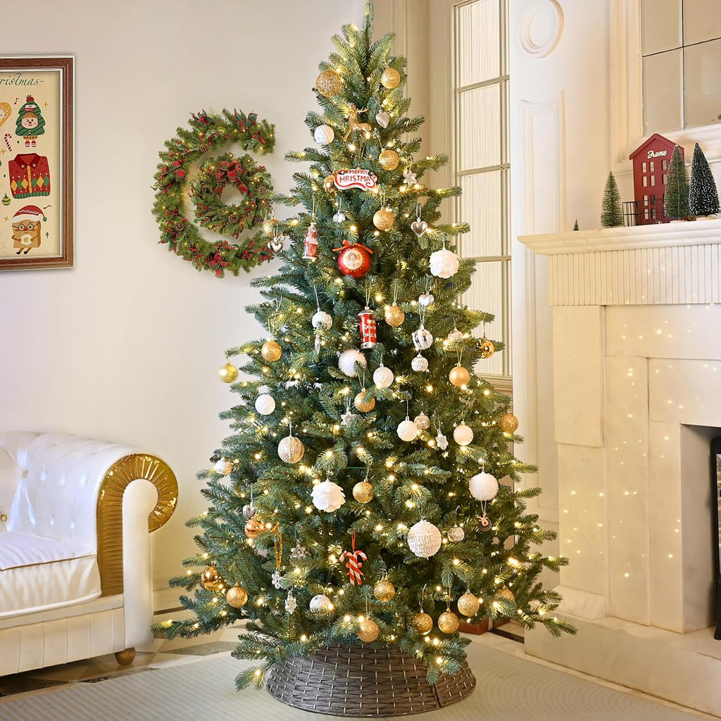 Prelit Artificial Christmas Tree, Blue Spruce Xmas Tree with Lights & Easy Setup Hinged Design, Realistic PE/PVC