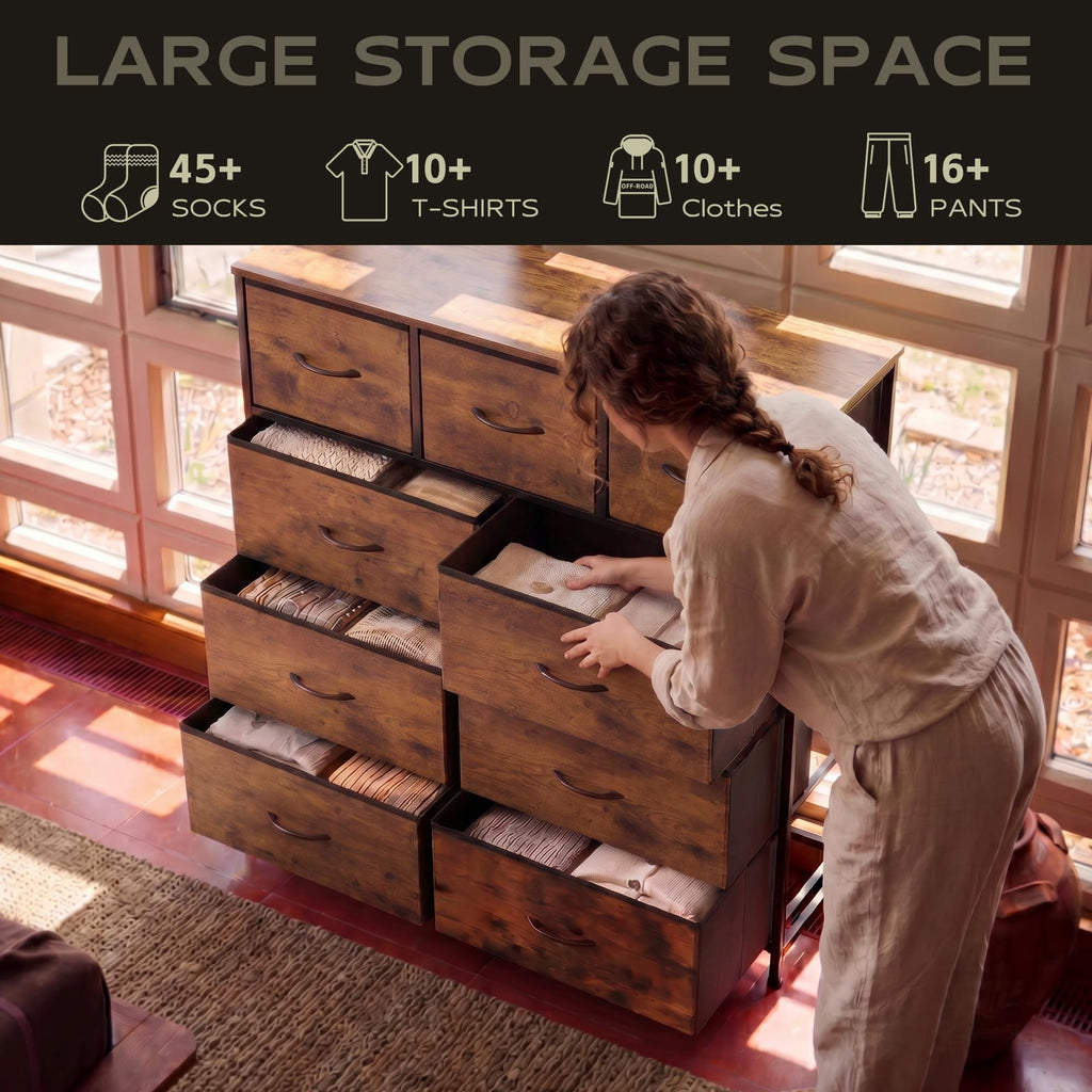 Tall Dresser, 9 Drawer Chest of Drawers, Rustic Brown