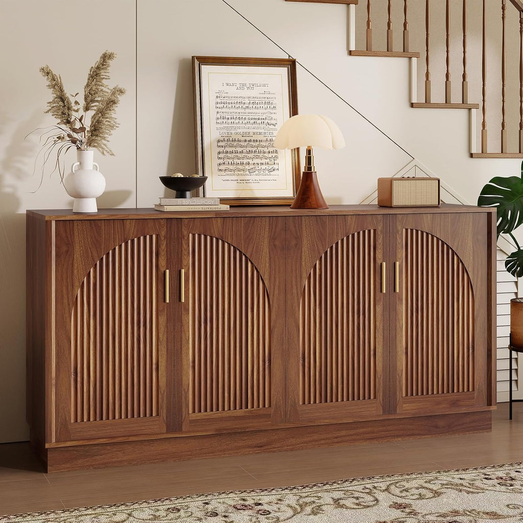 63" Fluted Sideboard Buffet Cabinet with Storage, 4 Arched Doors, Mid Century Modern Accent Cabinet, Credenza, Media