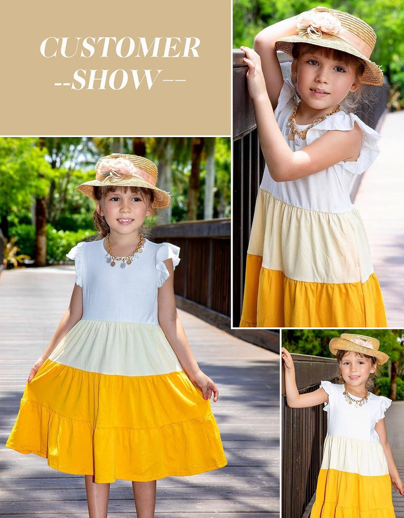 Girls Ruffle Sleeve Tiered Swing Midi Casual Sundress with Pockets