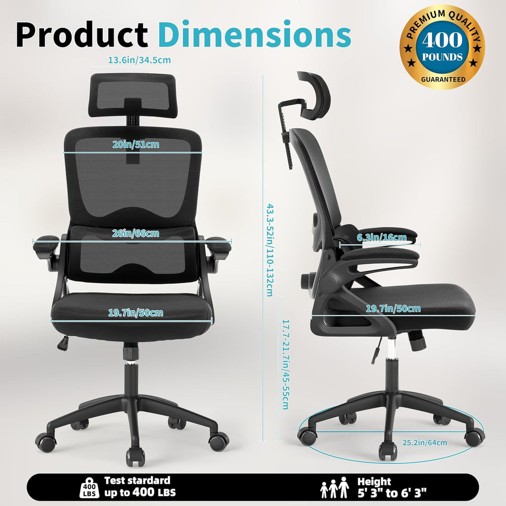 Ergonomic,Mesh with Lumbar Support,High Back Desk Chair with Flip-up Arms,400 lbs Big and Tall Computer Chair with