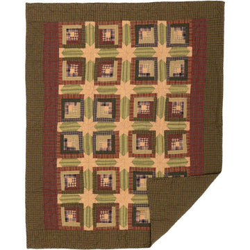 Tea Cabin Throw Quilted 60x50 Log Cabin Country Rustic Lodge Design, Moss Green and Deep Red