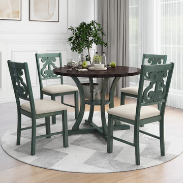 5 Piece Round Dining Table Set, Table+4 Retro Chairs, Antique Blue