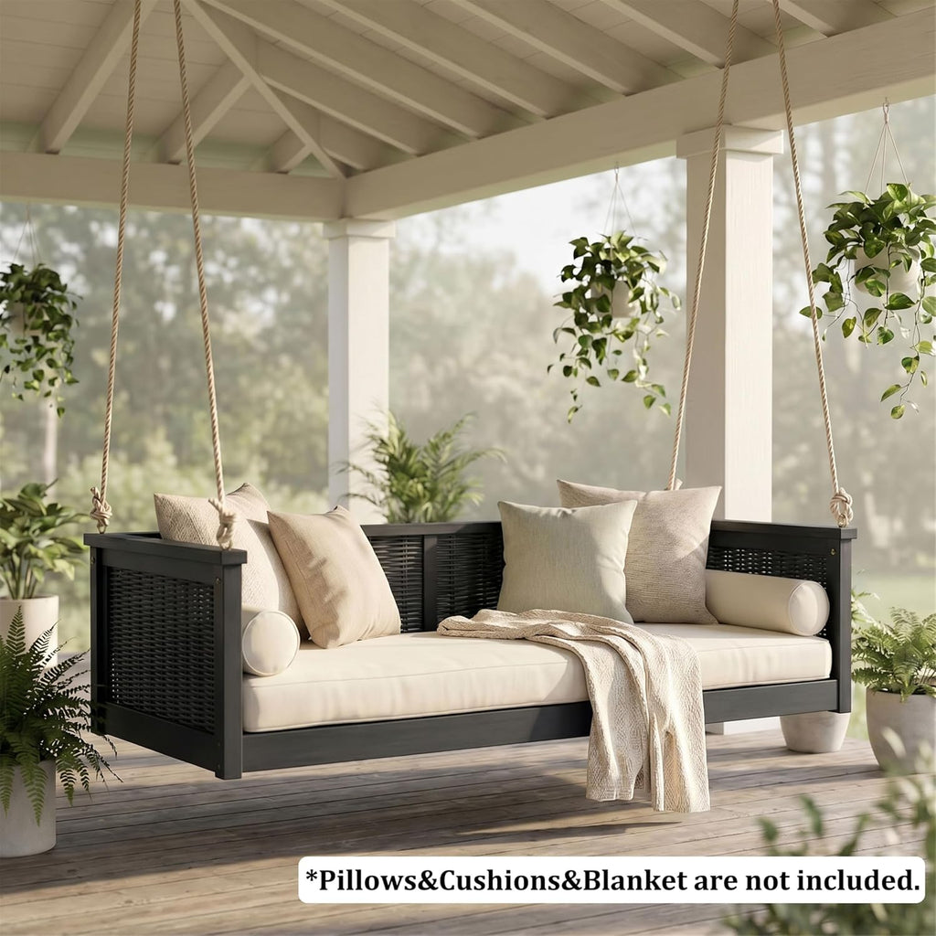 79.5" Acacia Solid Wood Porch Swing Bed Twin Size Rattan Hanging Daybed with Hemp Ropes, Garden Classic Patio