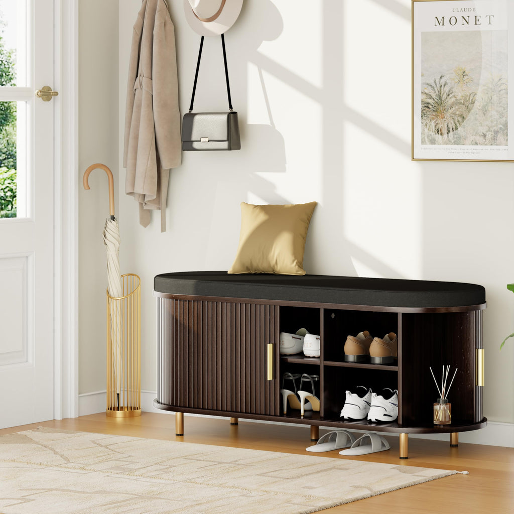 2-Tier Storage Bench, Wide Shoe Bench with Thickened Padded Seat Cushion, Mid Century Modern Fluted Sliding Door and