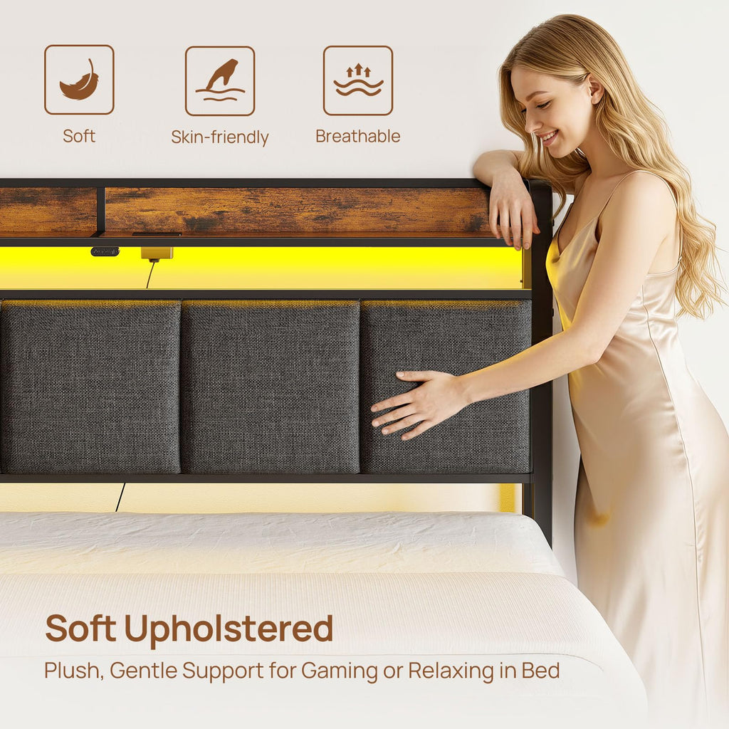 Bed Frame Full Size with Charging Station and LED Lights, Upholstered Storage Headboard with Drawers, Heavy Duty
