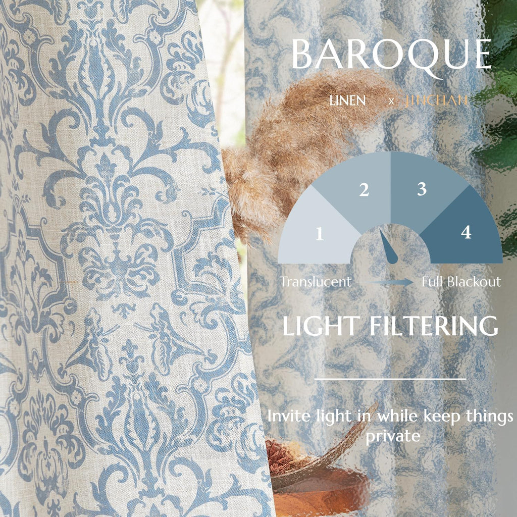 Curtains, Light Filtering 96 Inch Length 2 Panels Set, Baroque Style Linen Blend Drapes Living Room, Vintage Damask