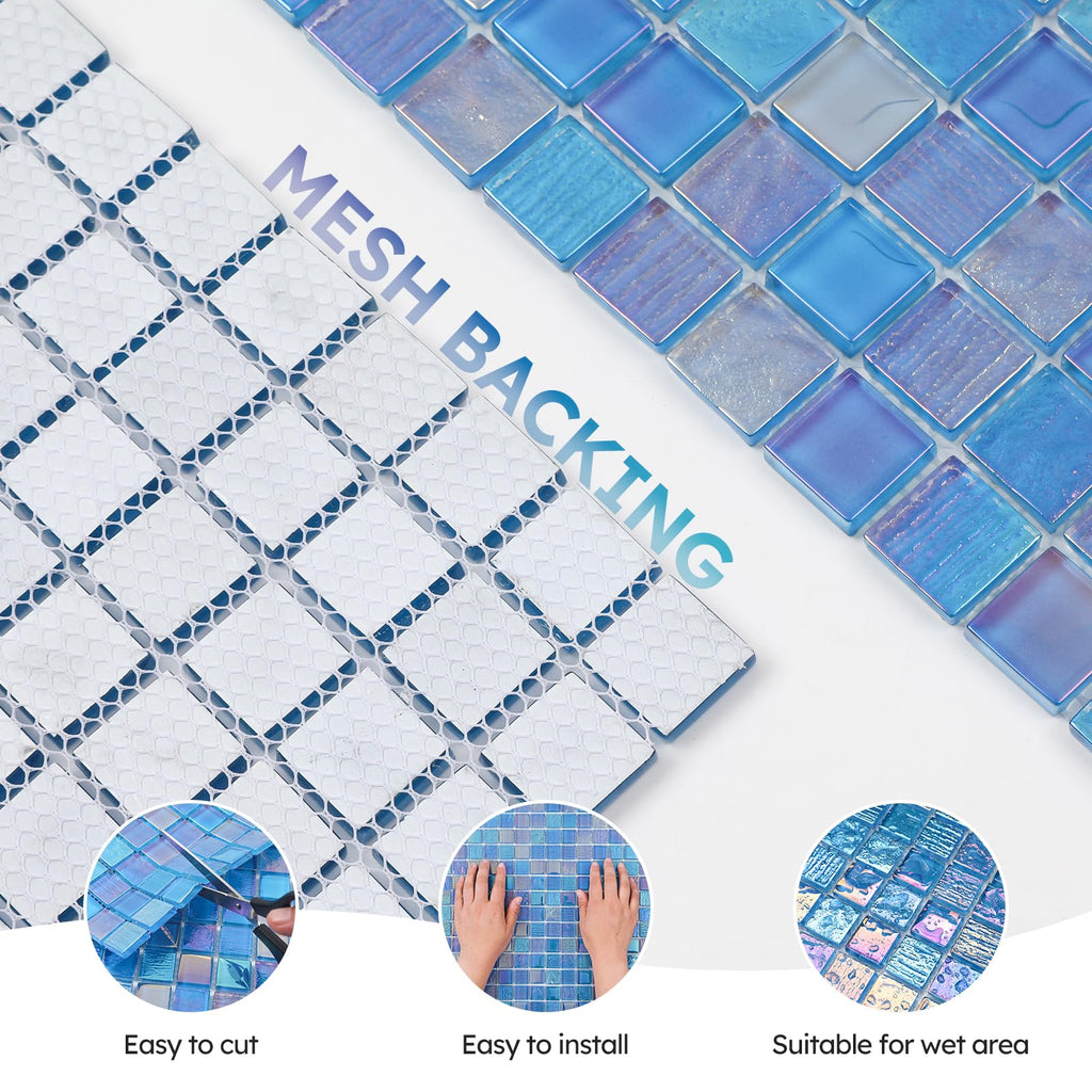 Pool Glass Mosaic Tiles, Iridescent Blue, 1 Inch Sqaure, 5 Sheets