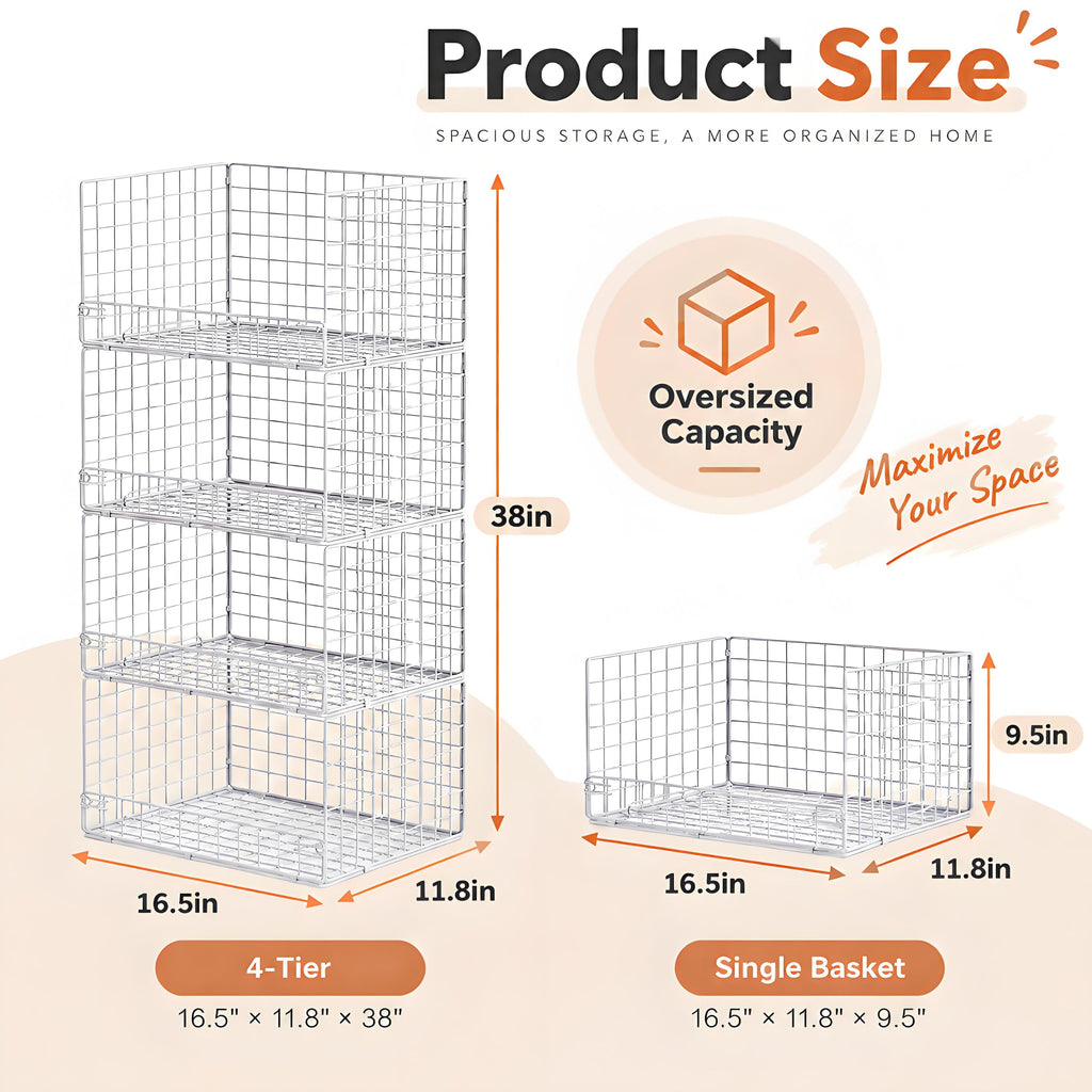4-Tier Stackable Closet Organizers and Storage, Wire Closet Shelf Organizer