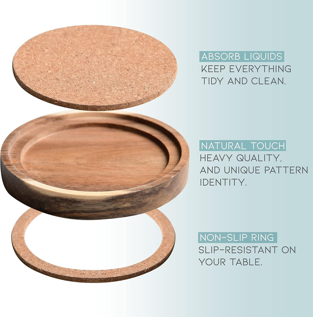 Acacia Wood Coasters for Drinks, 4.13 Inch, Absorbent and Insulation Cork Stackable Cup Holders, Rustic - Set of 6