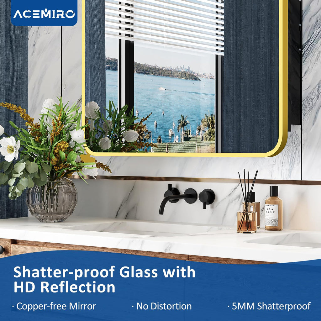 24x30 Inch Bathroom Medicine Cabinet with Mirror Gold Metal Framed Recessed or Surface Wall Mounted Mirrored Medicine
