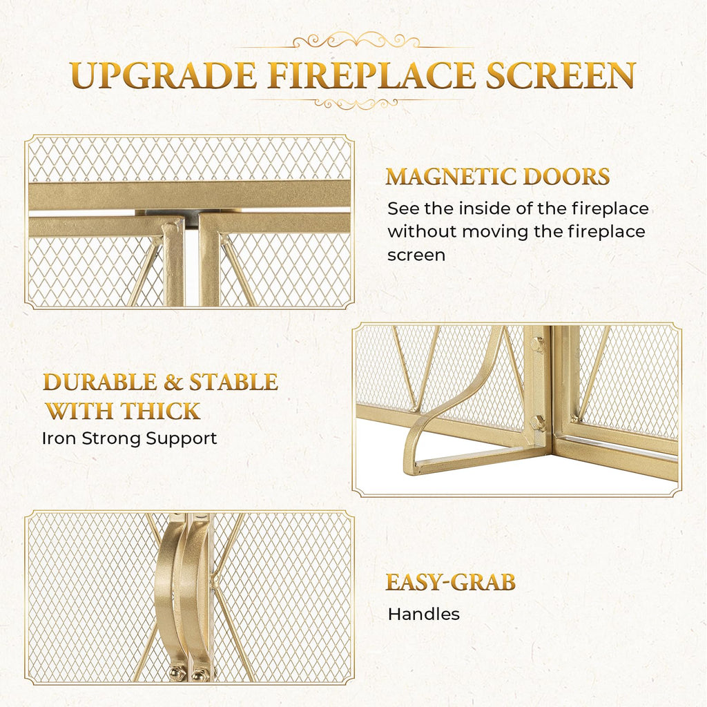 3-Panel Fireplace Screen with Double Doors, 50" x 32", Gold