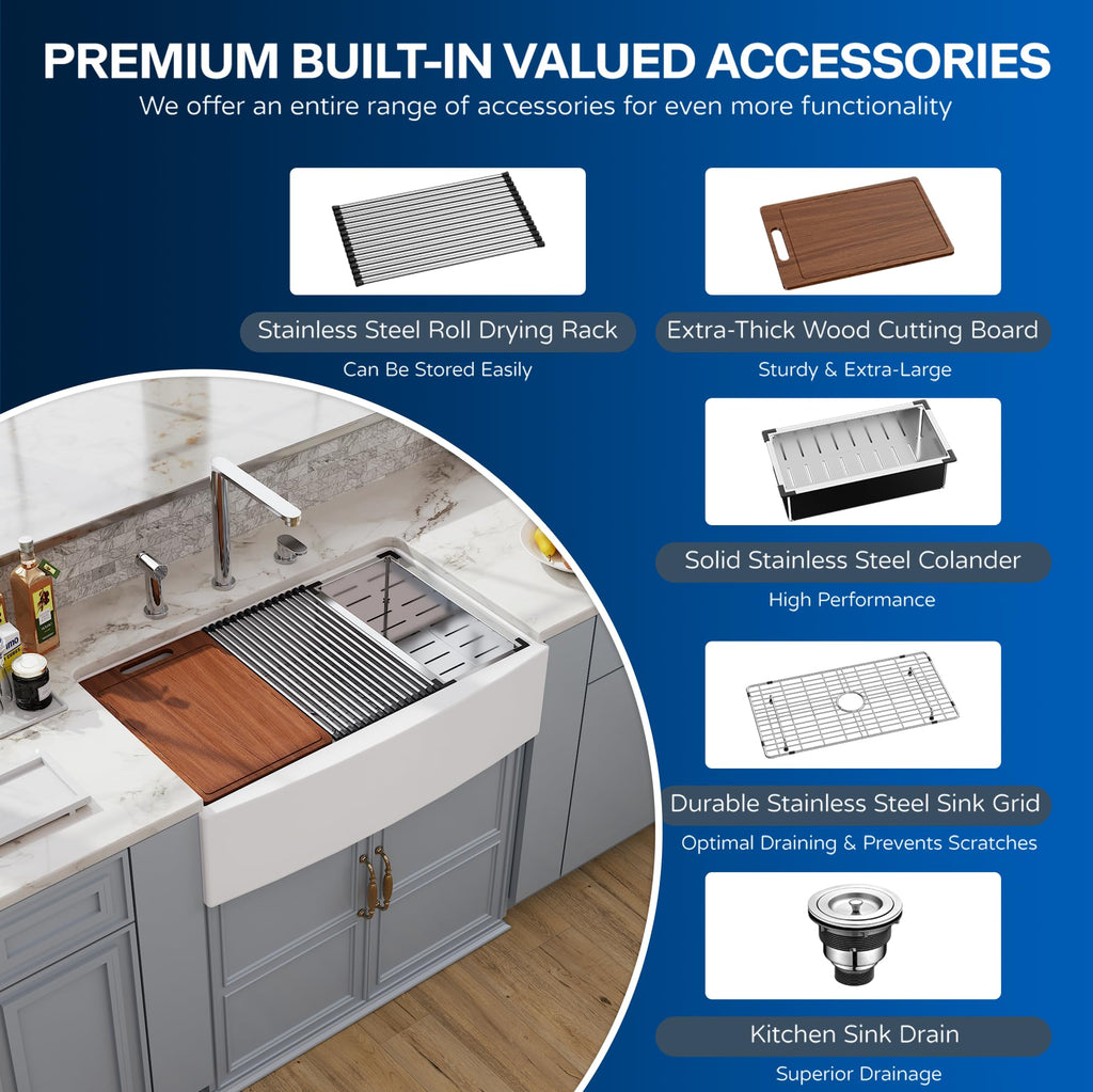 33 White Farmhouse Sink Workstation, Undermount Farm Kitchen Sink 33x21 inch Apron Front White Porcelain Ceramic