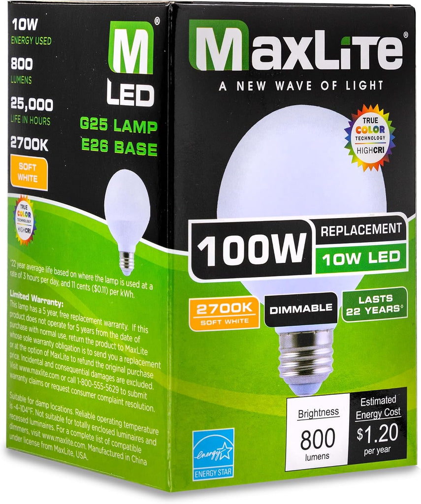 Dimmable 10W LED 2700K G25 Globe - Incandescent Light Bulbs Replacement, Soft White Light Bulbs, JA8