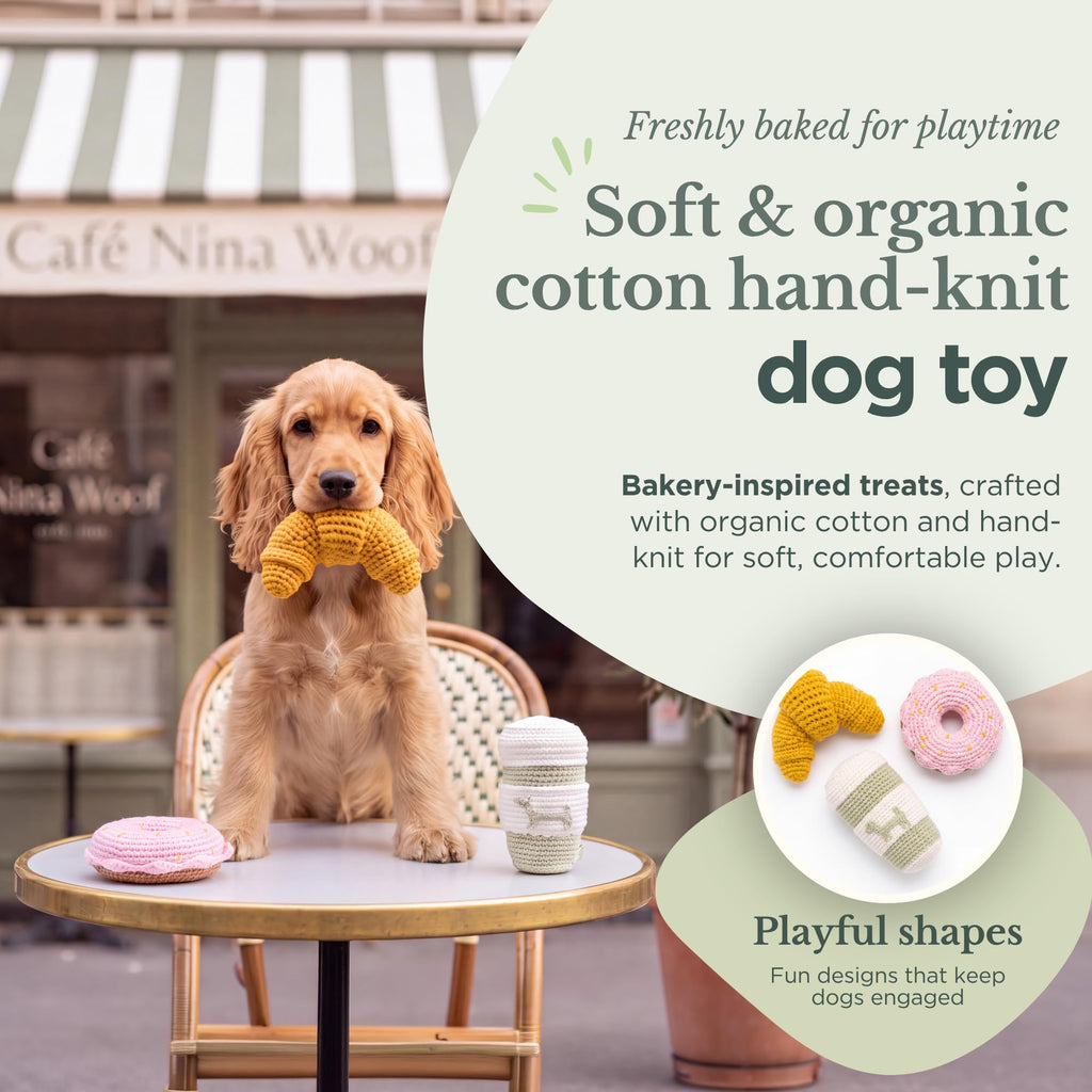 Café Bakery Puppy Toy Gift Set - 3 Hand-Knit Organic Cotton Plush Dog Toys: Croissant, Donut & Coffee Cup for