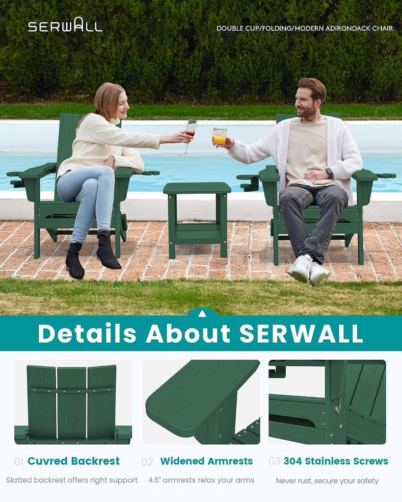 Modern Folding Adirondack Chairs Set of 2, HDPE, Cup Holders, Green | Outdoor All-Weather Lawn Adirondack Chairs Wood