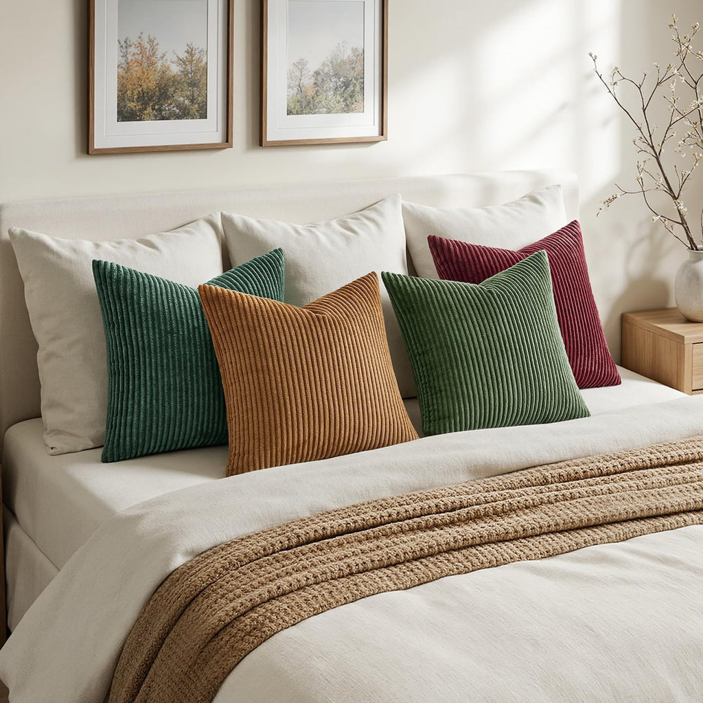 Soft Corduroy Decorative Throw Pillow Covers Christmas Green 20x20 - Set of 4