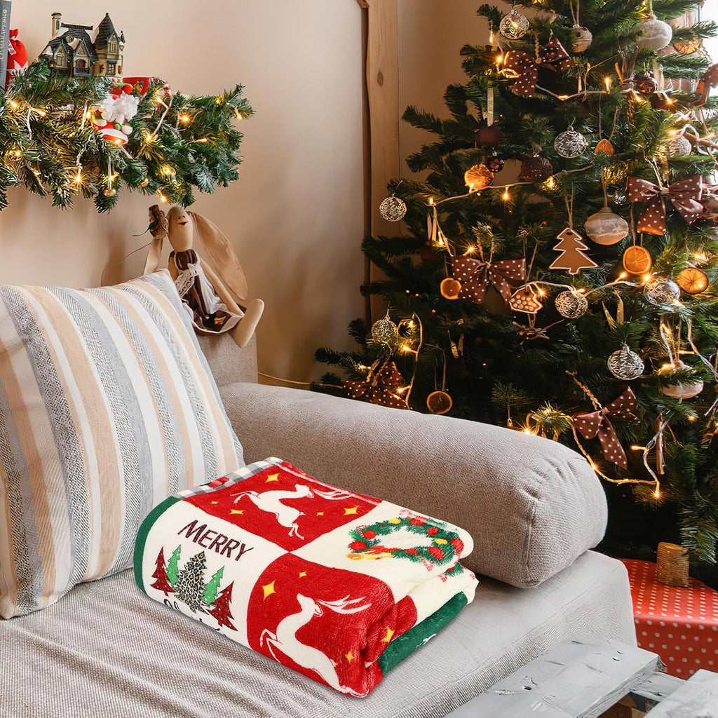 Christmas Throw Blanket Red Green Plaid Snowman Tree Couch Bed Covers