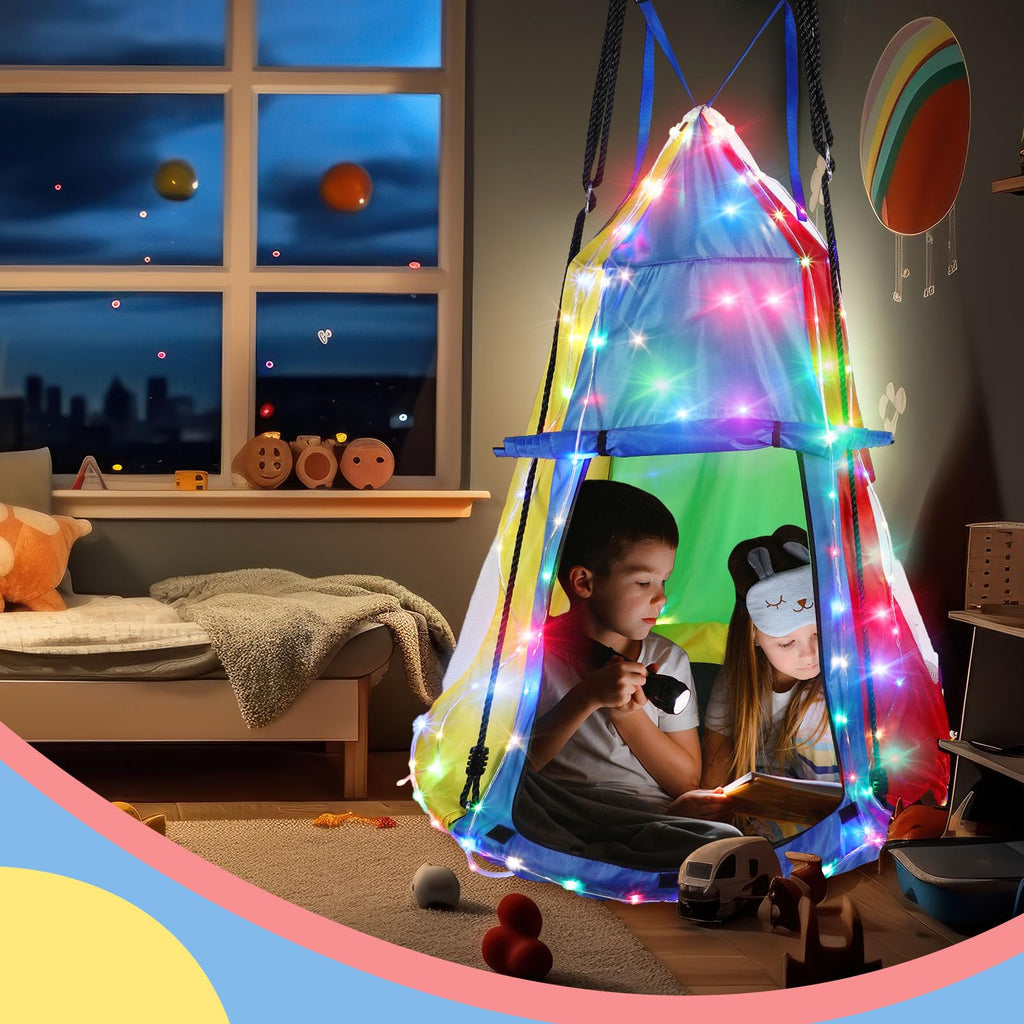 39 Inch Kids Hanging Tent Saucer Swing with LED Lights