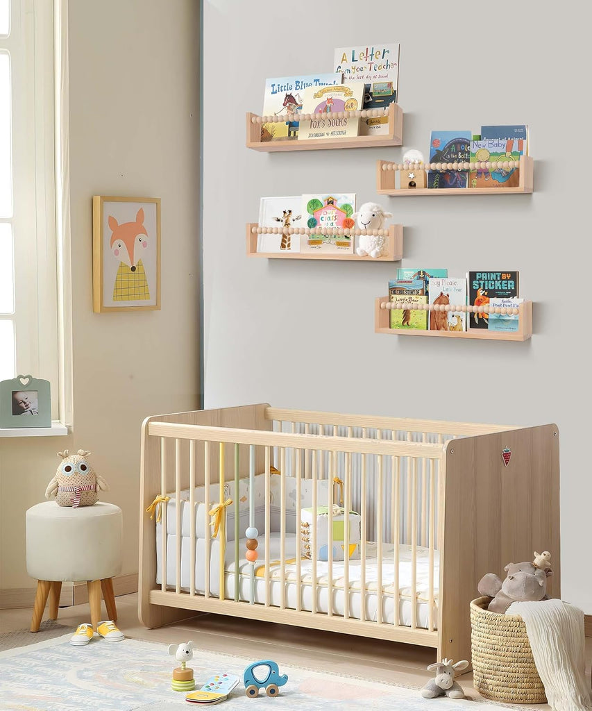 Nursery Book Shelves Set of 4,Wood Floating Nursery Shelves for Wall,Wall Bookshelves for Kids(Set of 4 Natural)